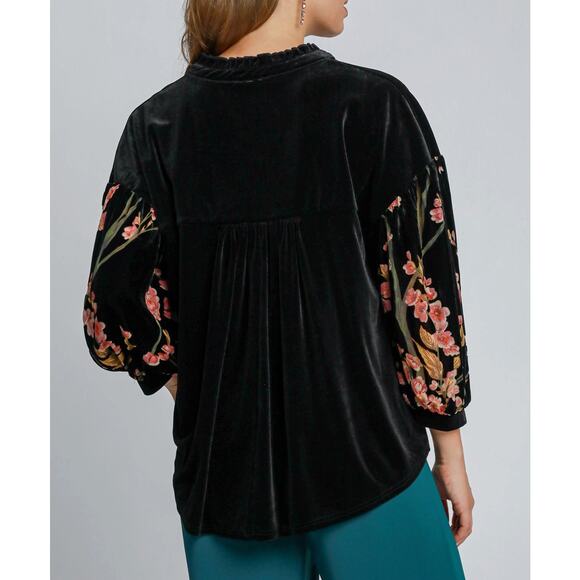Umgee Womens Black Velour Velvet Button Floral Puff Sleeve Size Small NEW - Picture 3 of 3